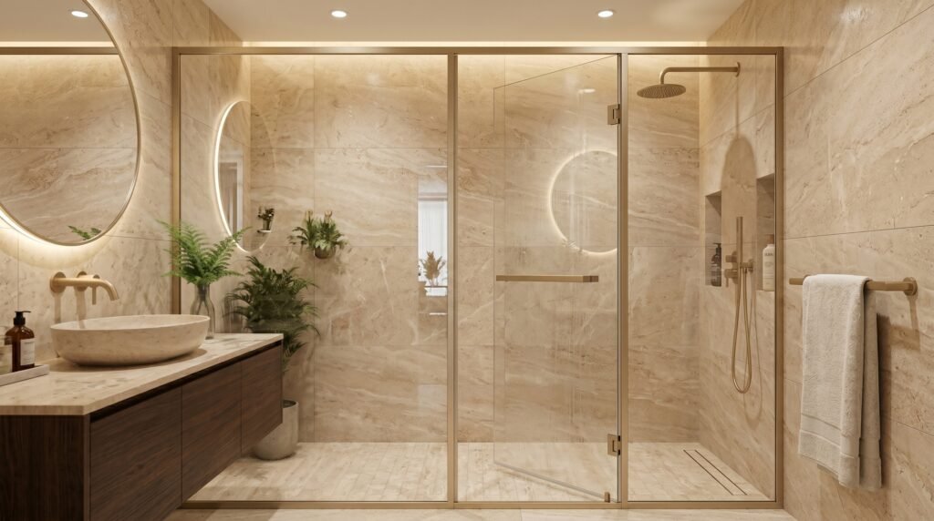 luxury bathroom with gold slim profile shower enclosure and toughened glass by vitraglass