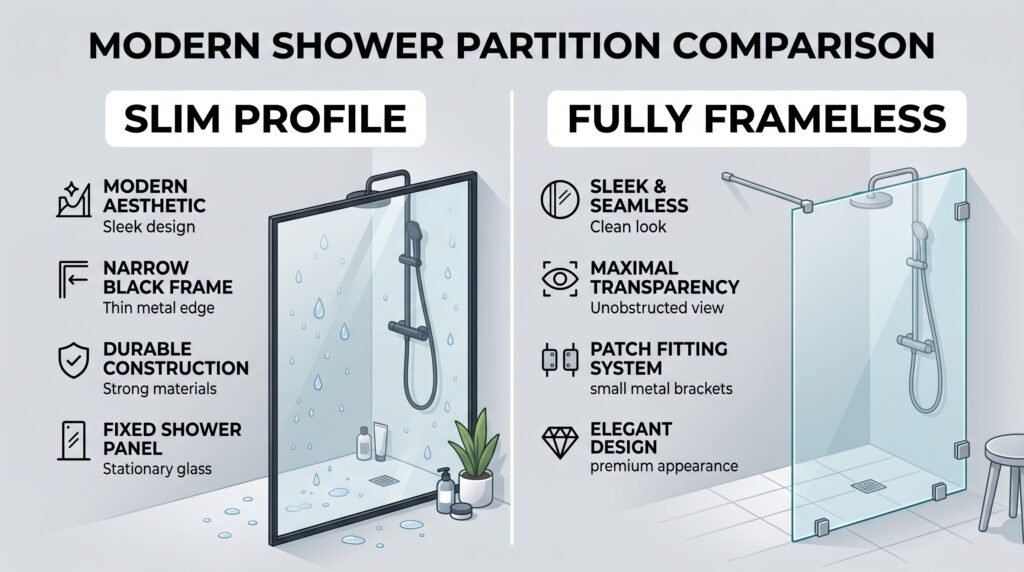 slim profile vs frameless shower partition comparison