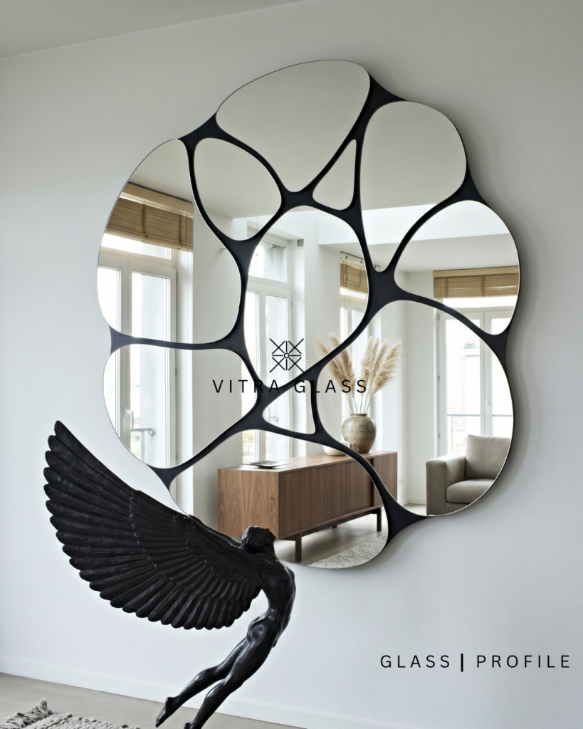 Decorative geometric wall mirror above a console in a modern living room
