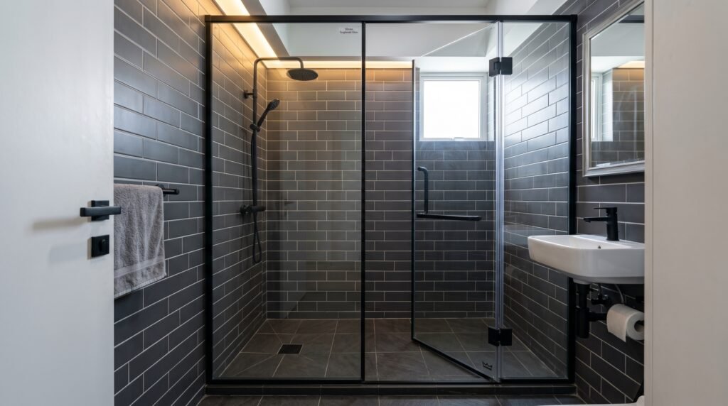 black slim profile bathroom glass partition.webp