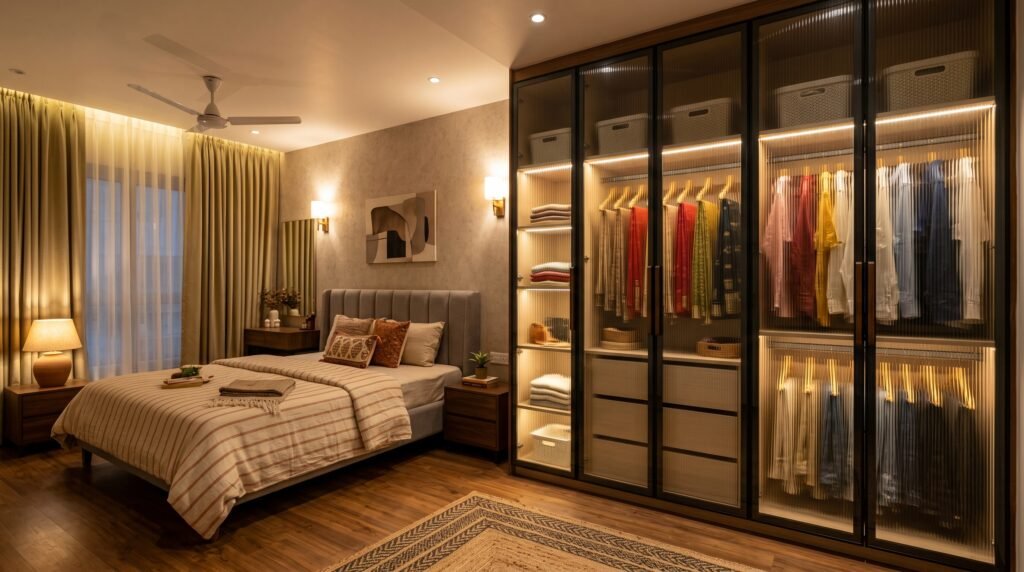 Profile shutter wardrobe — modern glass design for Indian homes