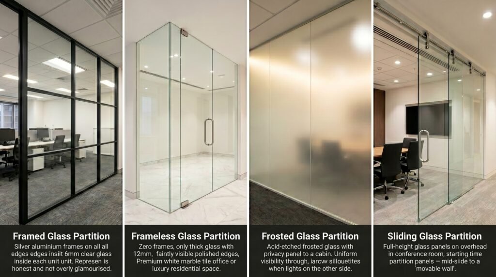 types of glass partitions India — framed, frameless, frosted, sliding
