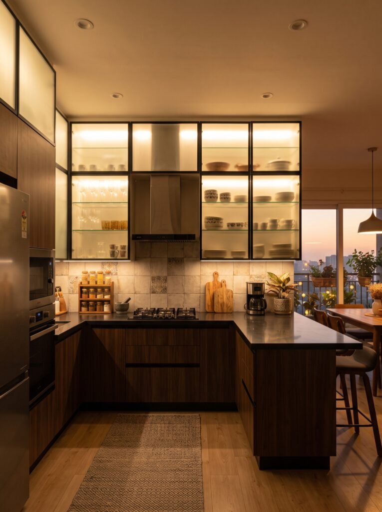 glass door kitchen cabinets in a modern Mumbai kitchen — Vitra Glass