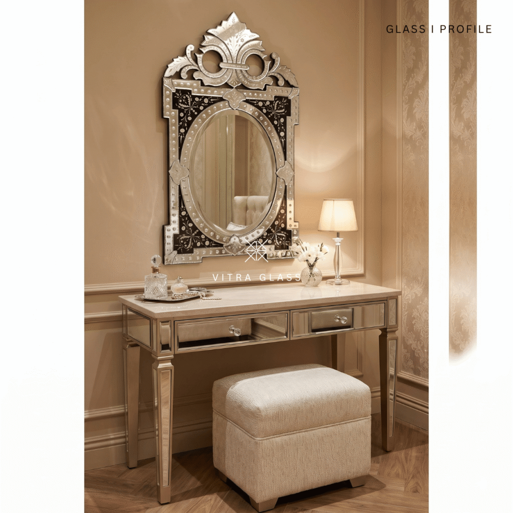 Ornate Venetian style vanity mirror with decorative beveled details and matching dressing table