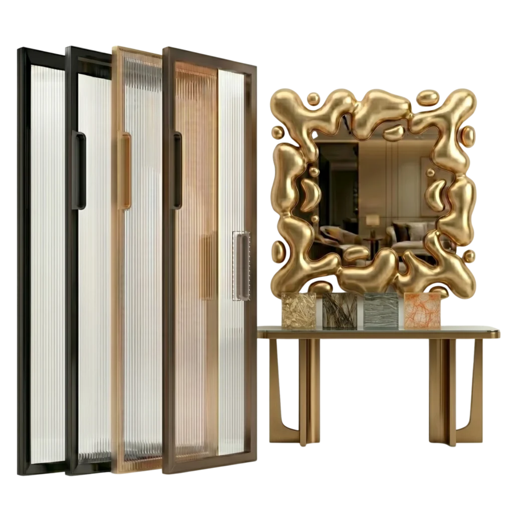 Fluted glass aluminium profile doors and custom designer mirror by Vitra Glass Mumbai
